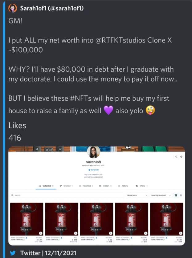 Twitter screenshot from the NFT community of a potential insider trader message