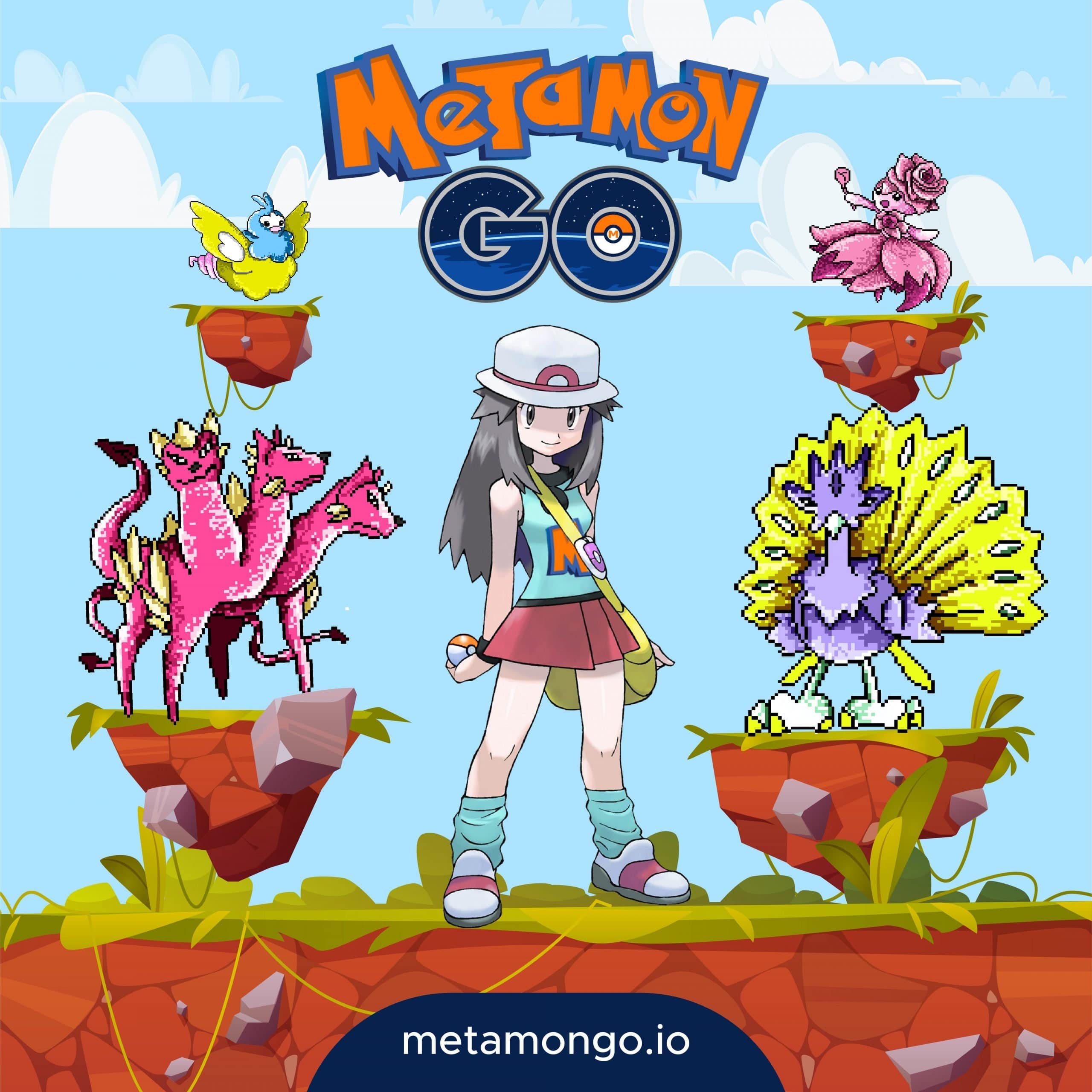 digital poster featuring the MEtamonGo game characters
