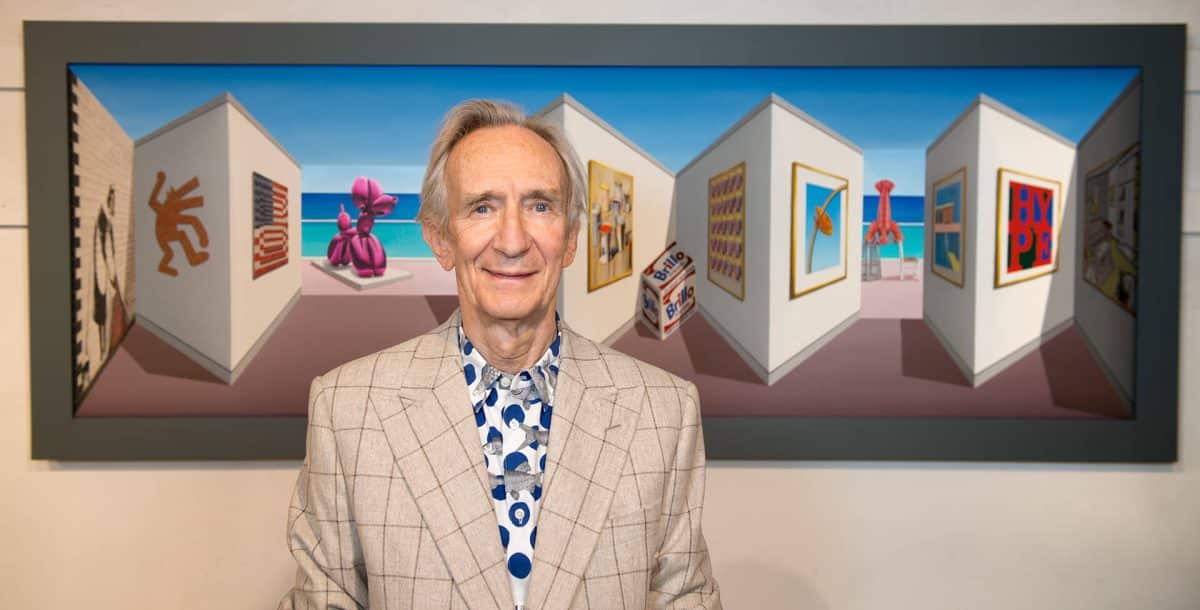 image of Patrick Hughes alongside one of his Reverspective paintings to drop as NFT
