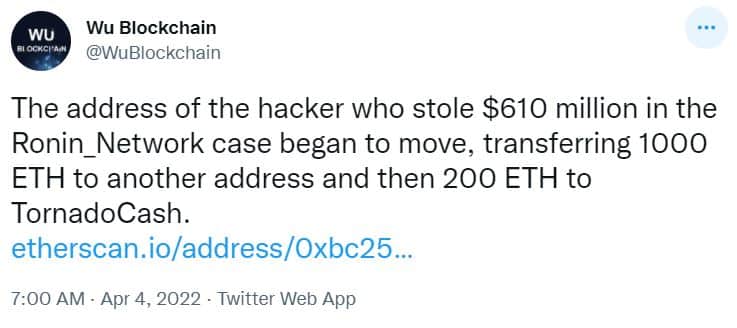 Twitter screenshot of a message by Wu Blockchain on the Ronin Network hacker