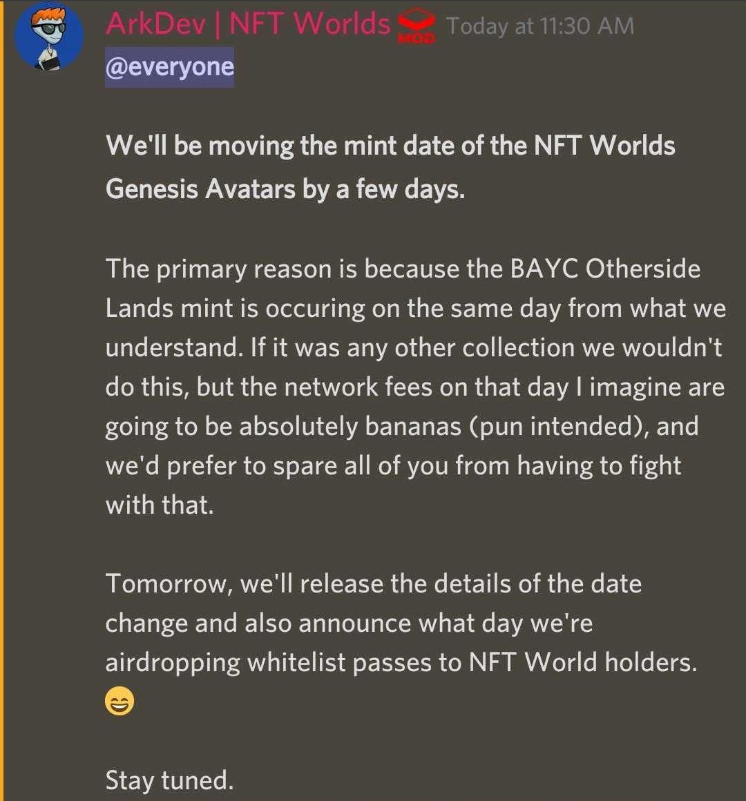 NFT Worlds Discord announcement on delay of Genesis NFT launch