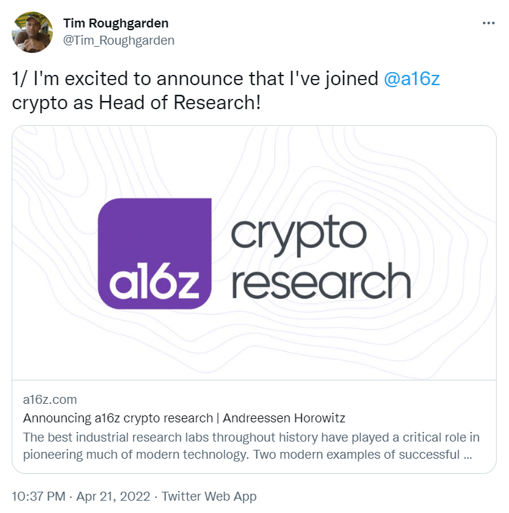 Tim Roughgarden joining a16z as Head of Research!