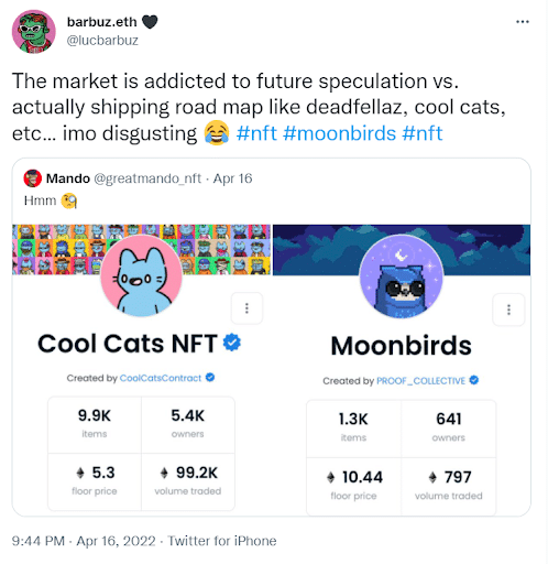 Cool Cats NFT floor vs Moonbirds floor. Credits: barbuz.eth