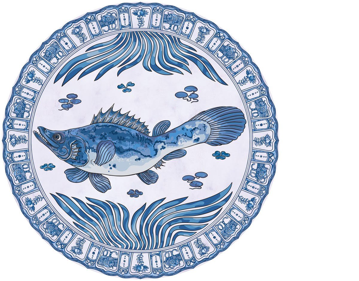 Artwork by Takashi Murakami featuring a blue fish on a plate