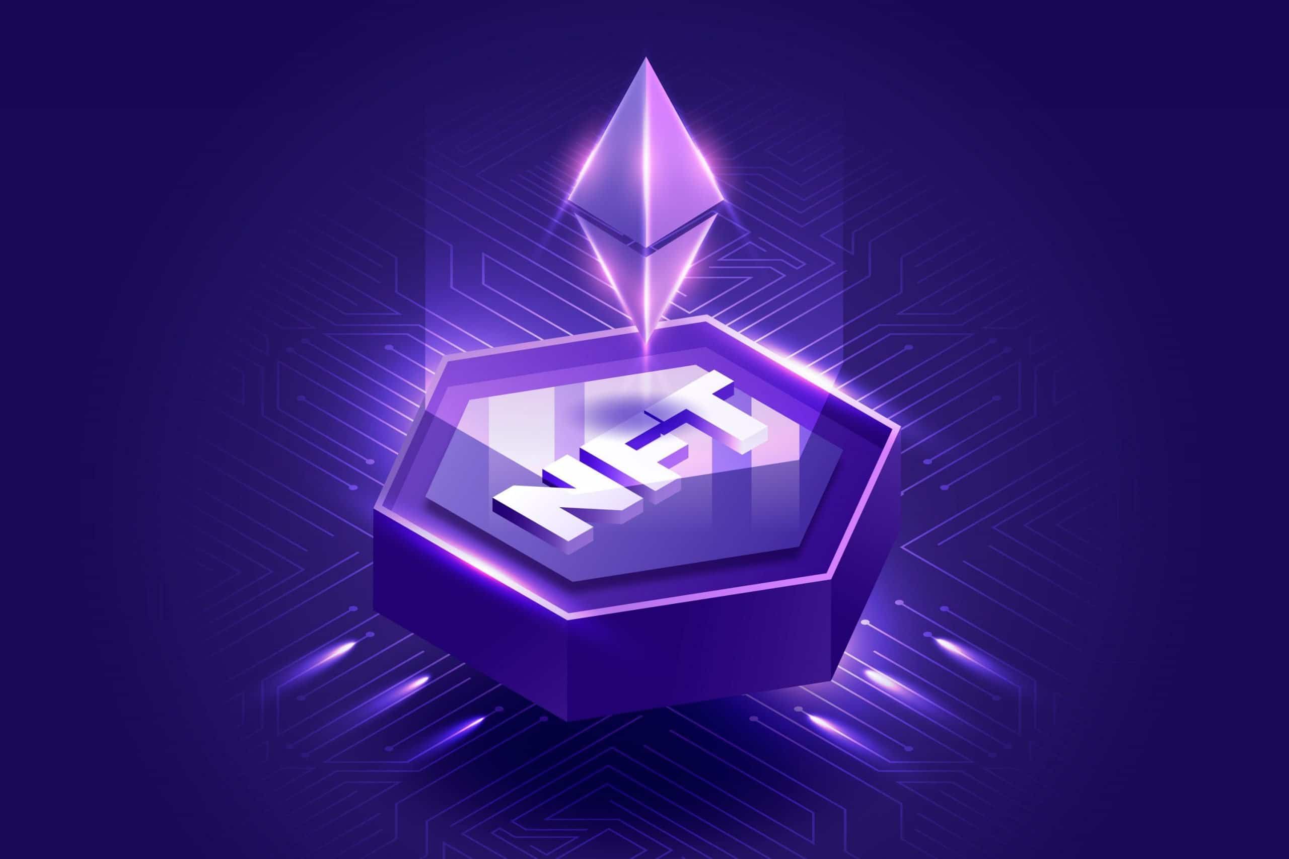 A purple Eth token on a plate labeled NFT