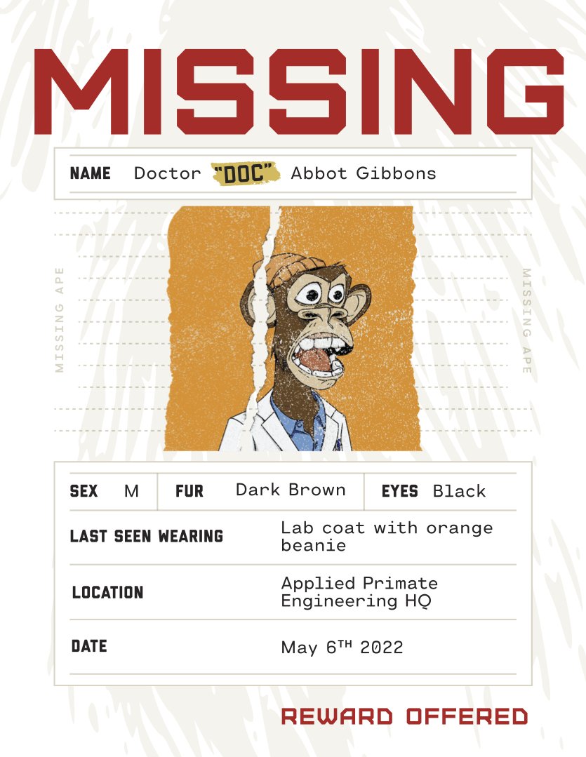 Applied Primate's missing person poster featuring a bored ape