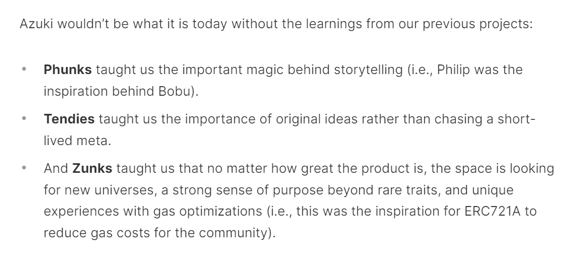 The picture shows a portion of text from Azuki NFT founder's blog post