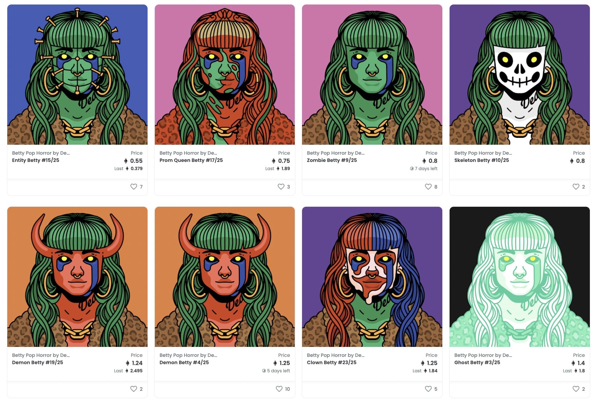Different Betty Pop Horror avatars on Opensea for sale