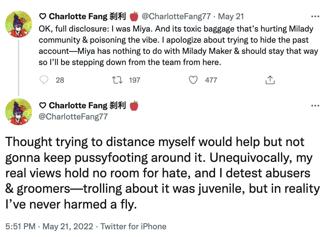 Tweet featuring Charlotte Fang's response