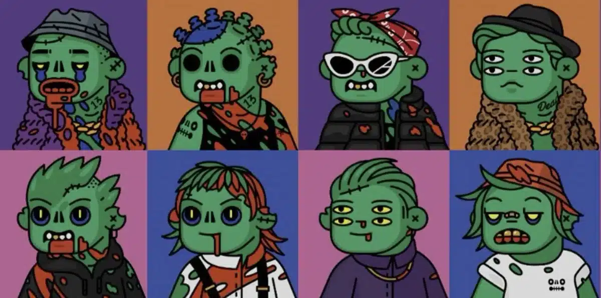 Different green zombie avatars in the DeadFellaz NFT collection