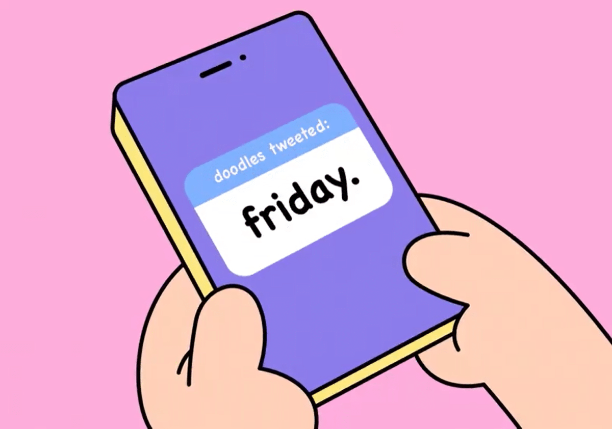 The picture shows a phone with a tweet that says Doodles tweeted: Friday from a video teaser posted by Doodles NFT project