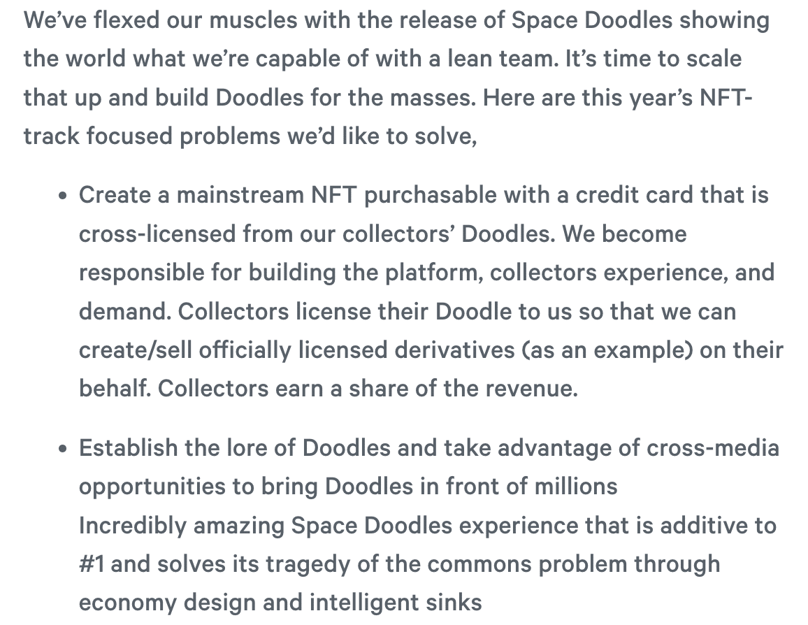 The picture shows a snippet of Doodles NFT project's 2022 roadmap