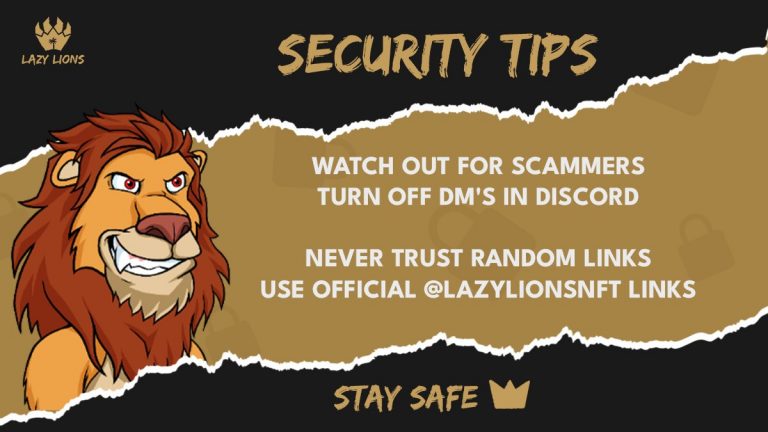Image of Lazy Lions NFT poster with text about security.