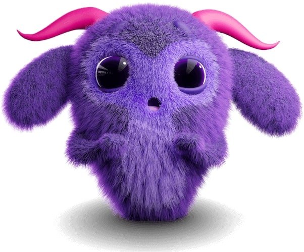 Purple furry Fuzzles with animated expression