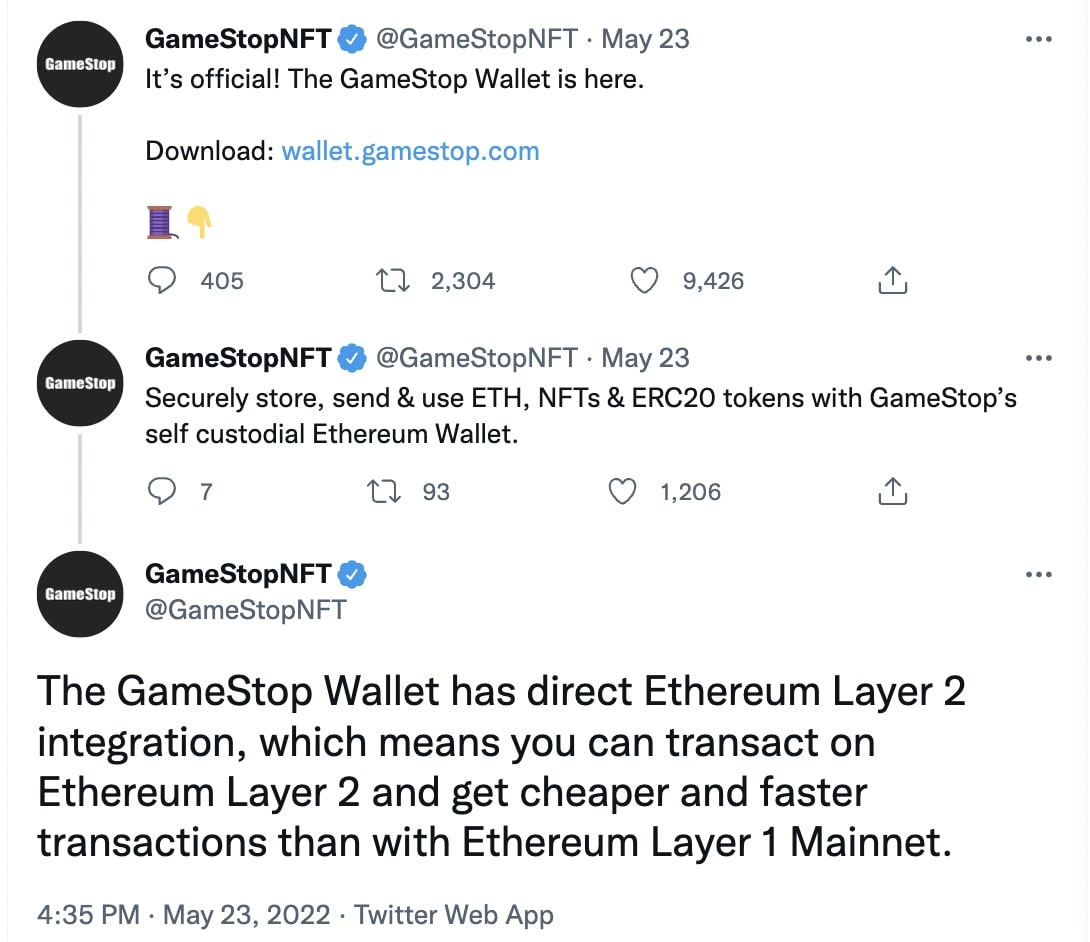 GameStop's tweet about NFT wallet
