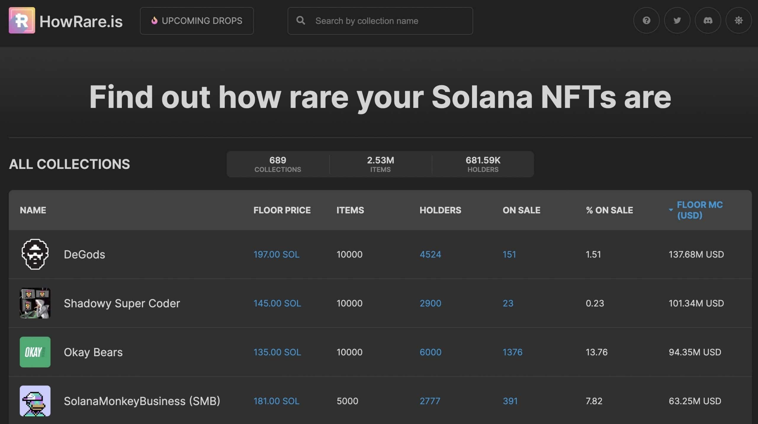 Homepage of HowRare.Is Solana NFT rarity tool
