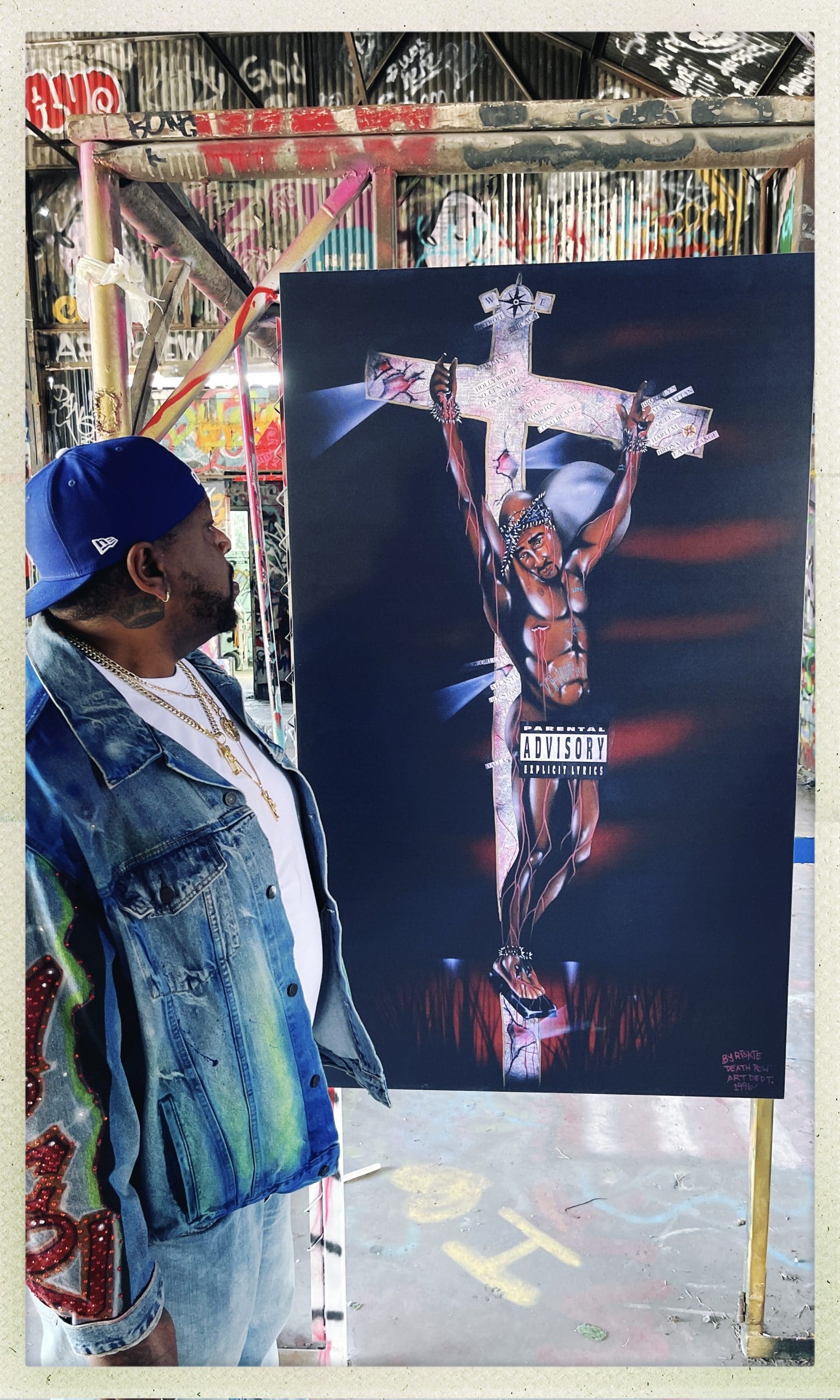 Image of Riskie Forever next to his original Tupac artwork.