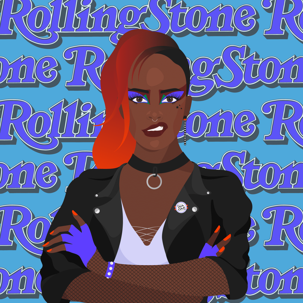 Female avatar in a black jacket with a rolling stone logo in the background