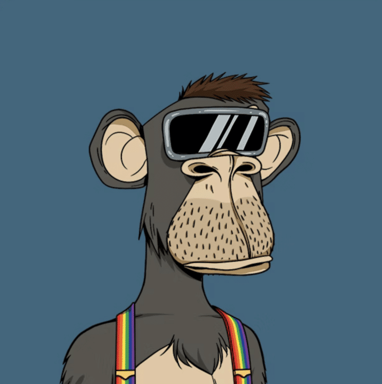 Image of Bored Ape NFT that sold for 10 ETH. It is wearing sunglasses with rainbow suspenders