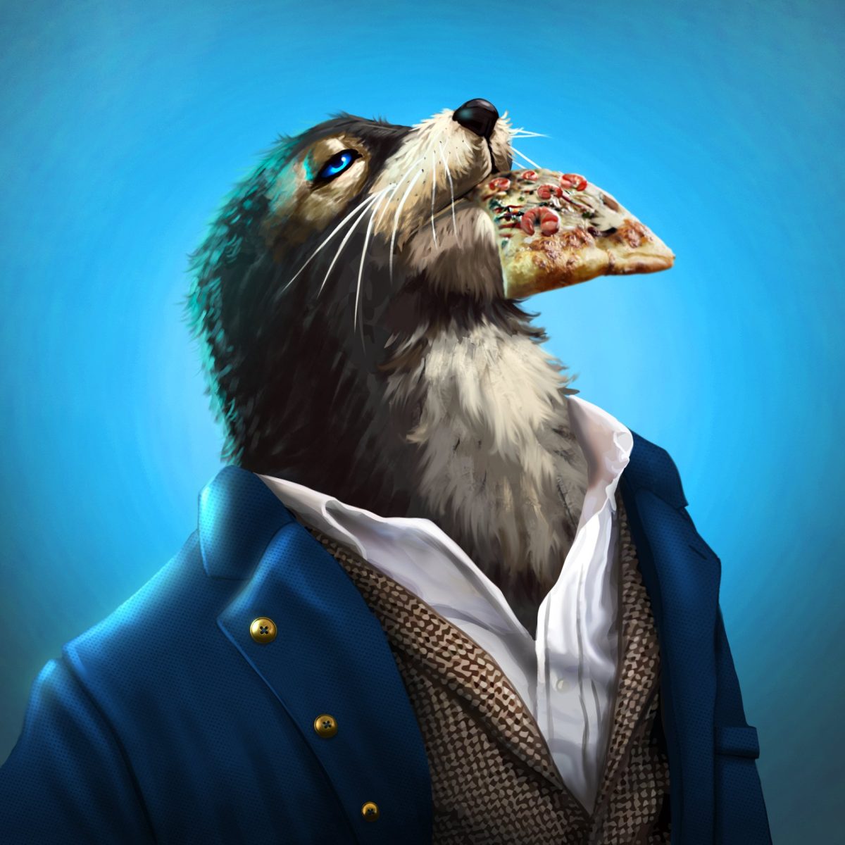 animated seal wearing a suit eating a pizza