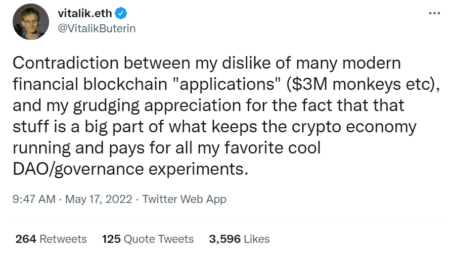 The post shows a tweet by Vitalik Buterin about expensive NFTs such as BAYC