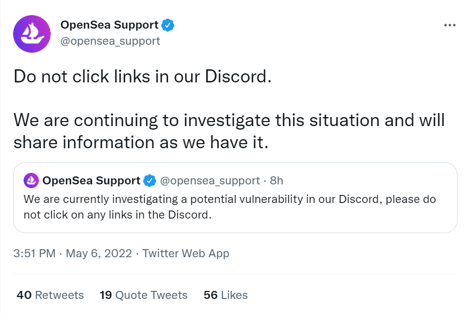 OpenSea tweets about investigating a potential Discord vulnerability