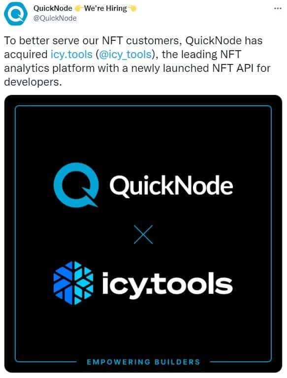 Twitter screenshot of a QuickNode message with Icy Tools