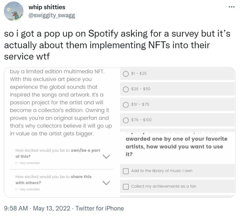 Twitter screenshot of a Spotify NFT survey