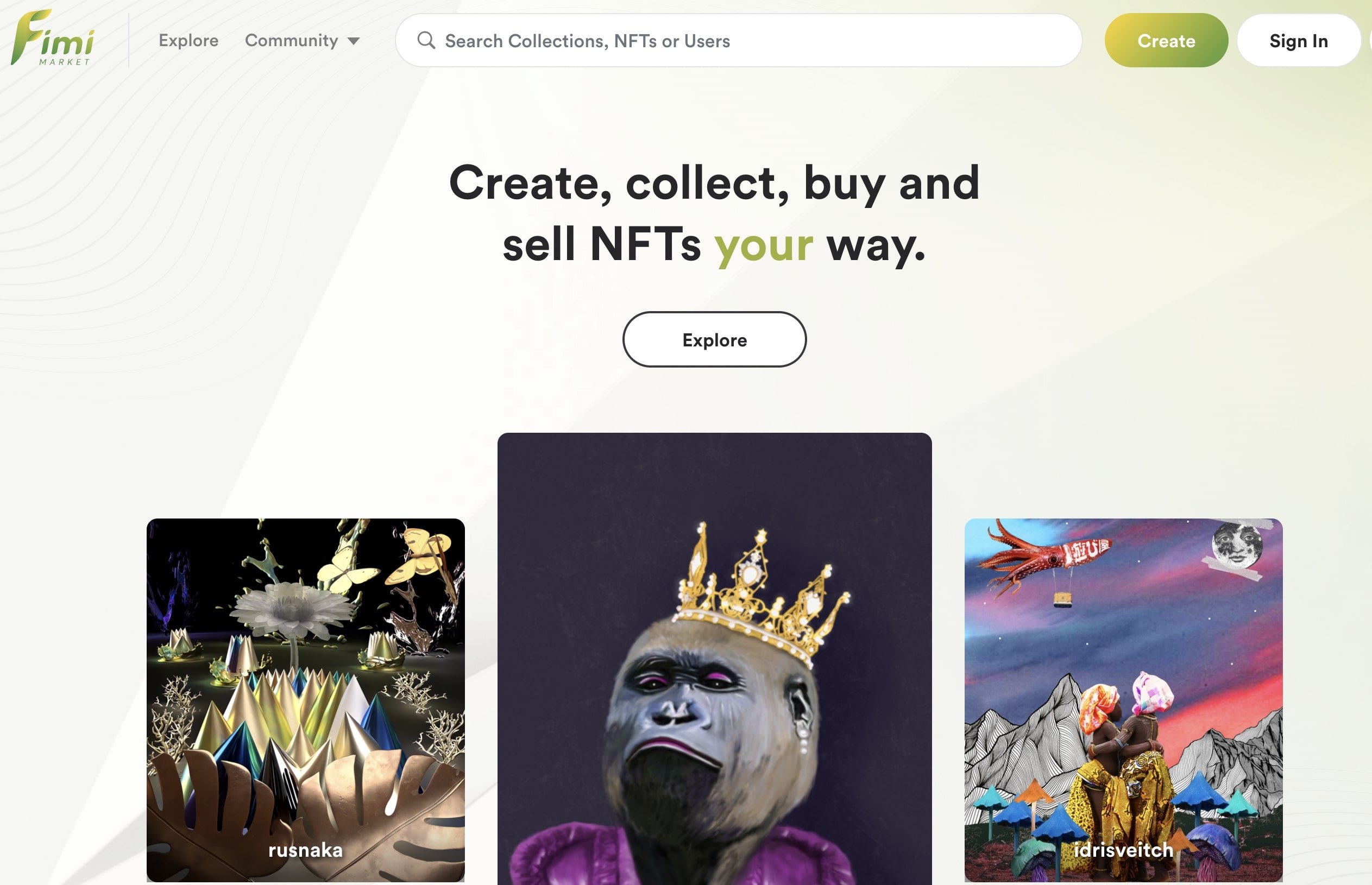 Homepage of the Fimi NFT marketplace