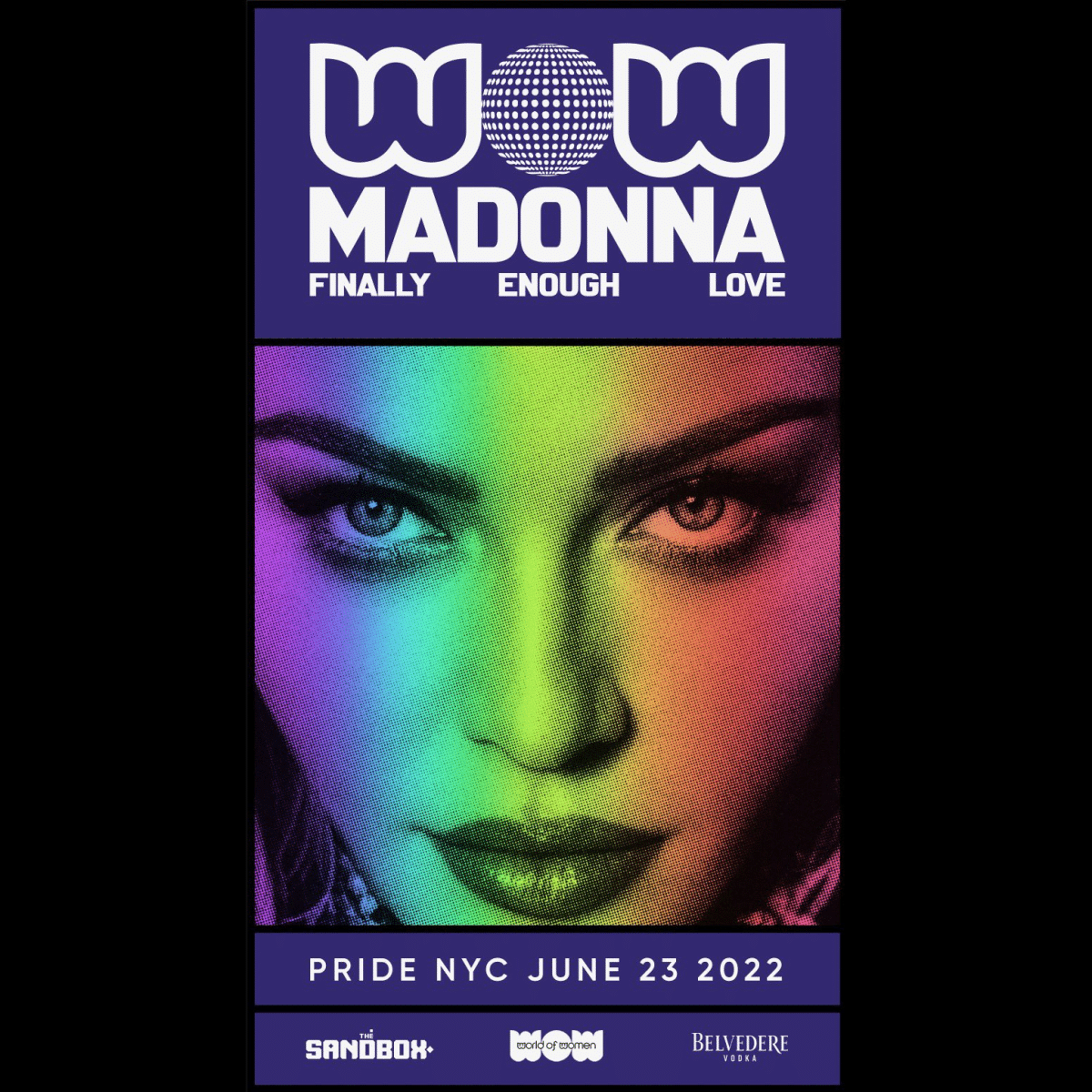 The image shows a poster from the World of Women NFT project featuring pop singer Madonna