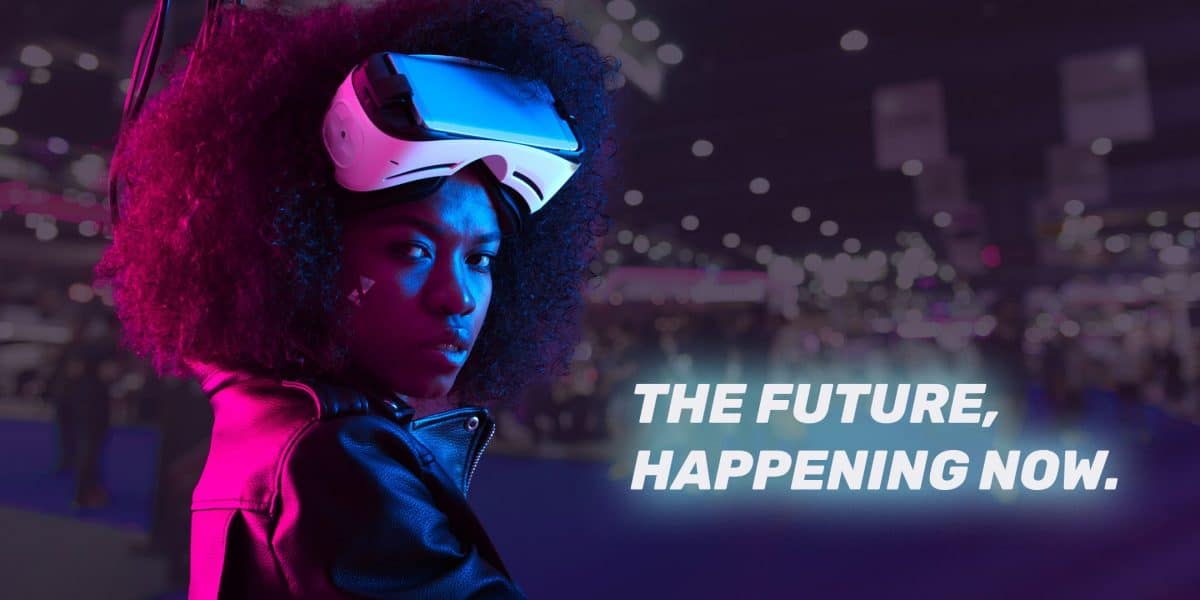 NFT Expoverse poster featuring a woman wearing VR goggles