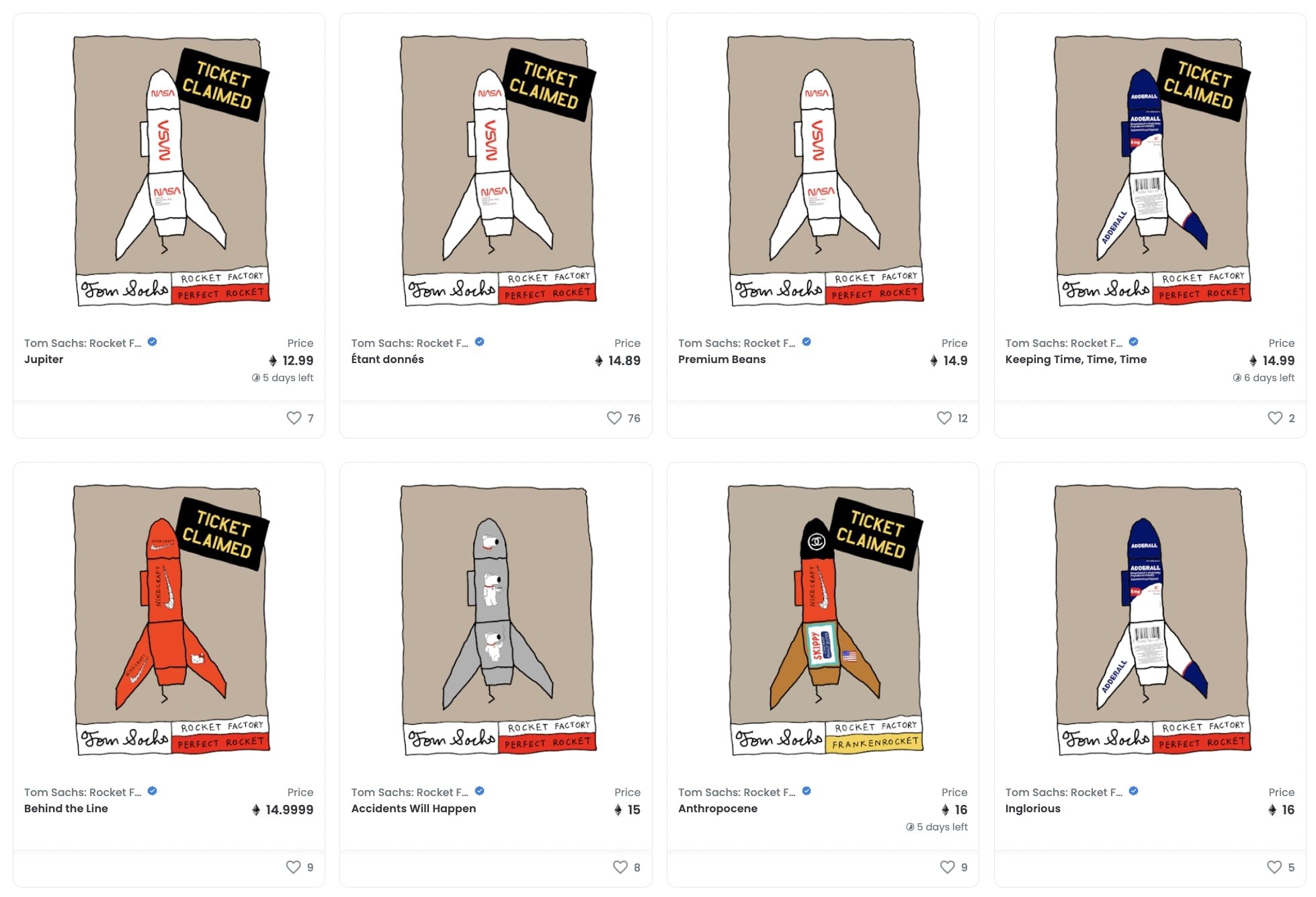 Differemt Tom Sachs Rocket Factory NFTs on sale on OpenSea