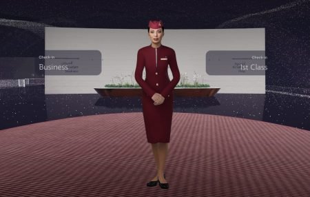 Qatar Airways' QVerse metaverse with virtual assistant in burgundy dress