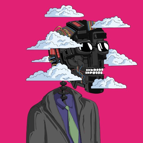 Rogue Society NFT Bot with clouds wearing a suit