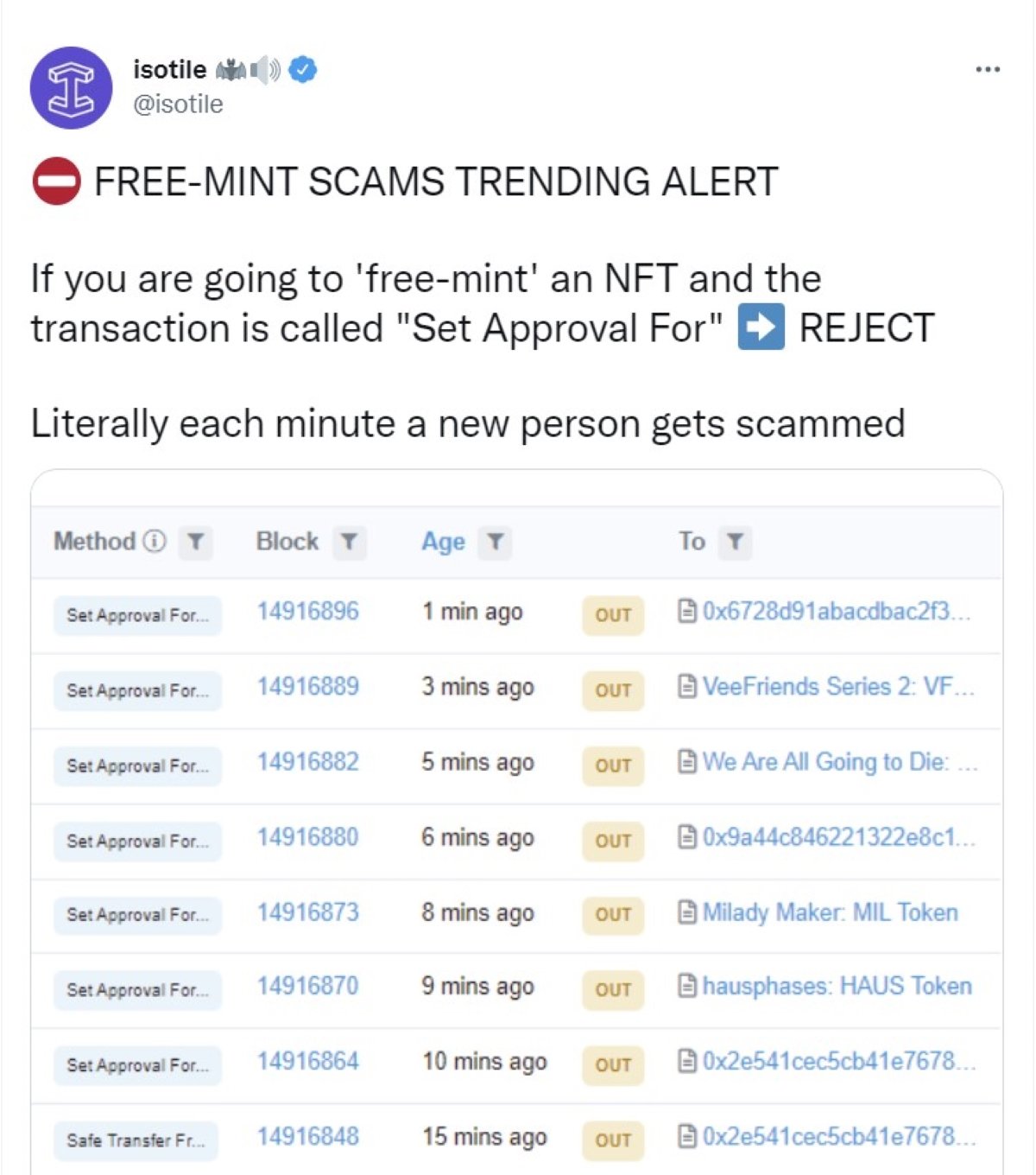 Tweet about free nft mint scams