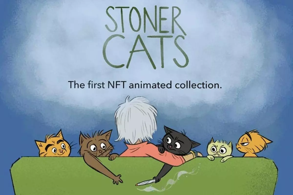 A Stoner Cats NFT TV show poster featuring a person and five cats on a couch