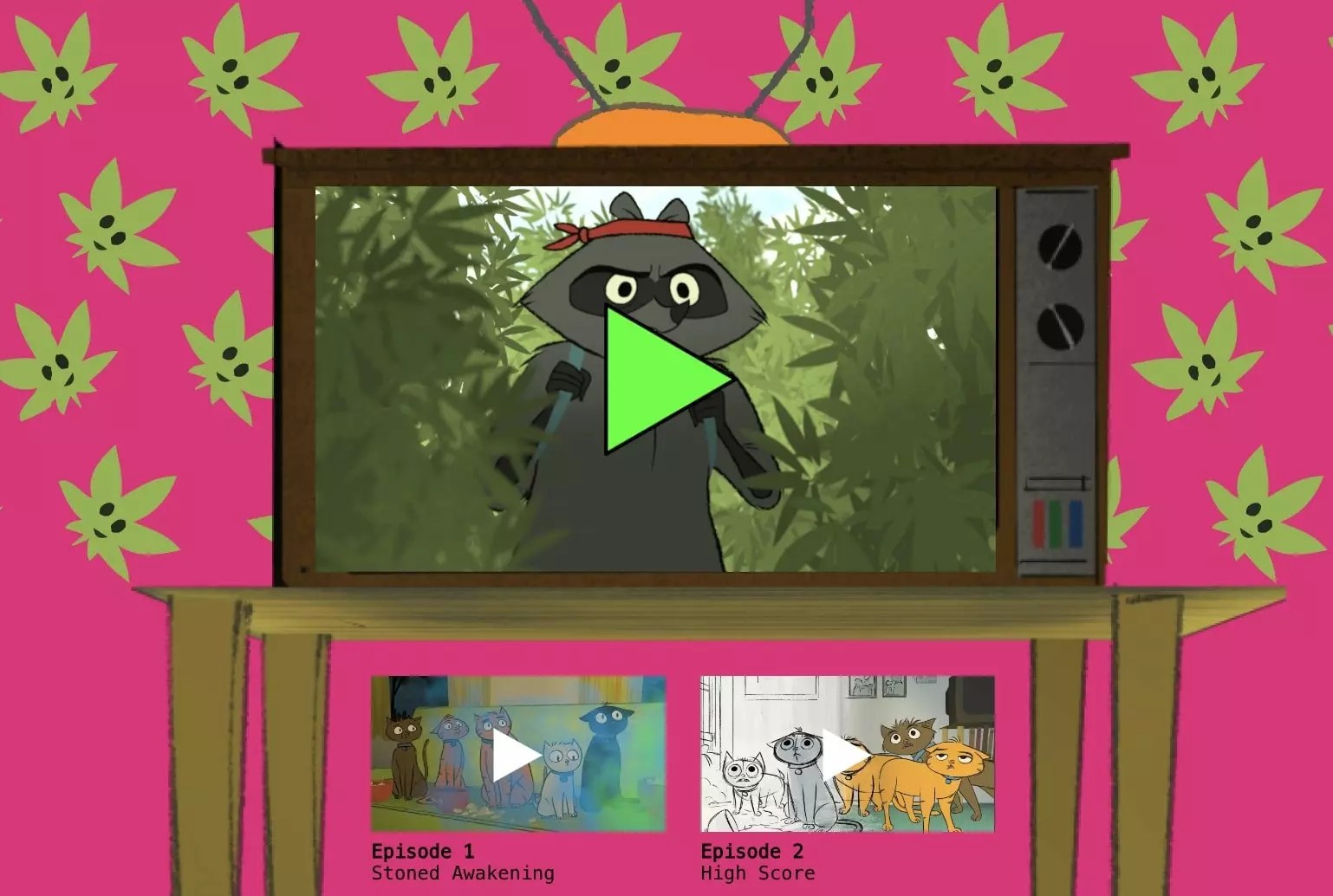 An animated cat on a TV walking through a forest