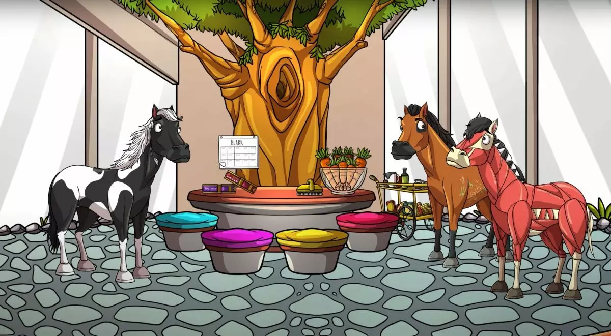 The Glue Factory Show horses standing around a tree