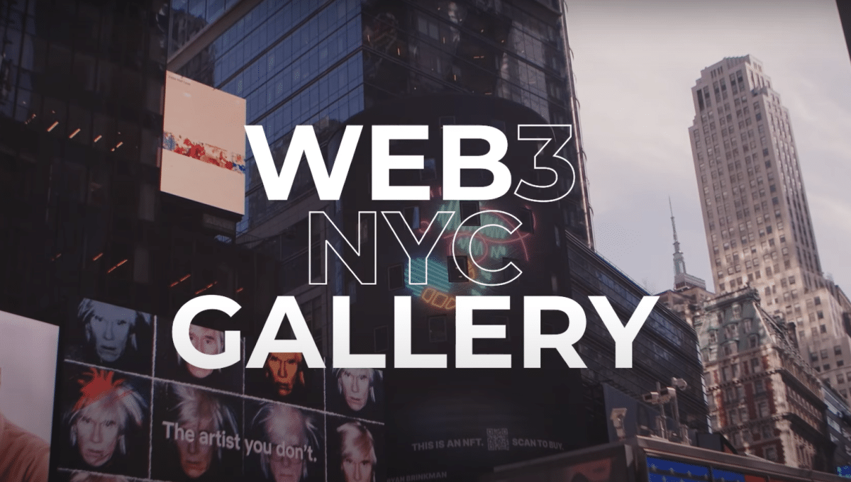 The picture shows a Web3 Gallery poster for its launch on its NYC location