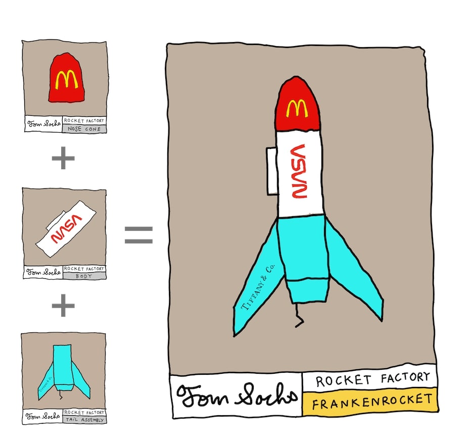 A Tom Sachs Frankenrocket featuring logos of NASA, McDonalds