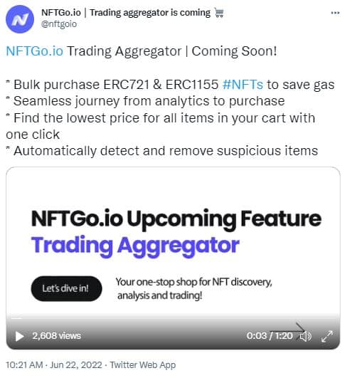 Twitter screenshot of NFT Go's announcement about launching a trading aggregator