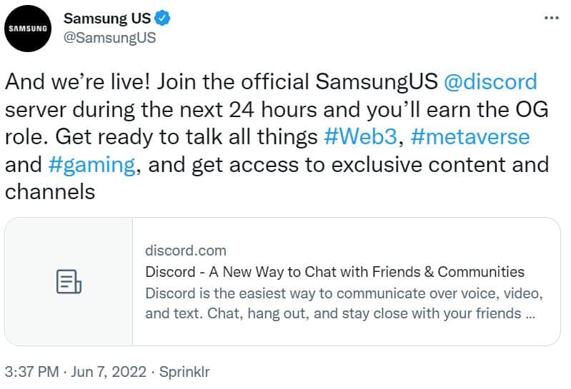 Twitter screenshot of a message written by Samsung US on its new Discord server