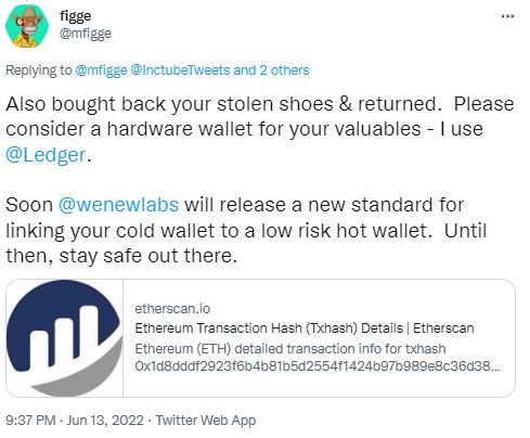 Twitter screenshot of a message by Figge on the stolen 10KTF NFTs