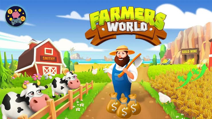 Image of Farmers World game featuring a farmer animals and a farm