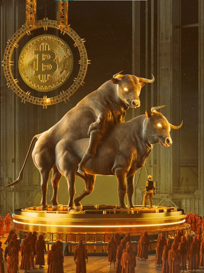30K NFT by Beeple featuring two golden bulls mating below a massive Bitcoin 