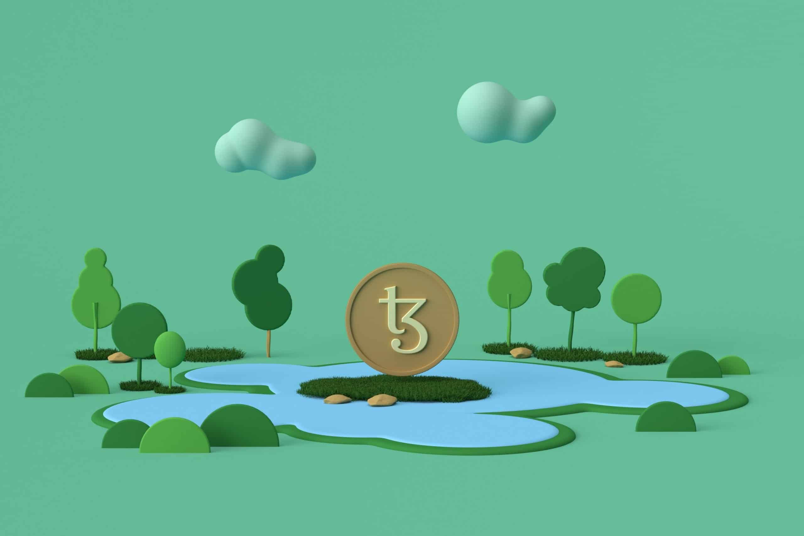 Tezos token surrounded by trees