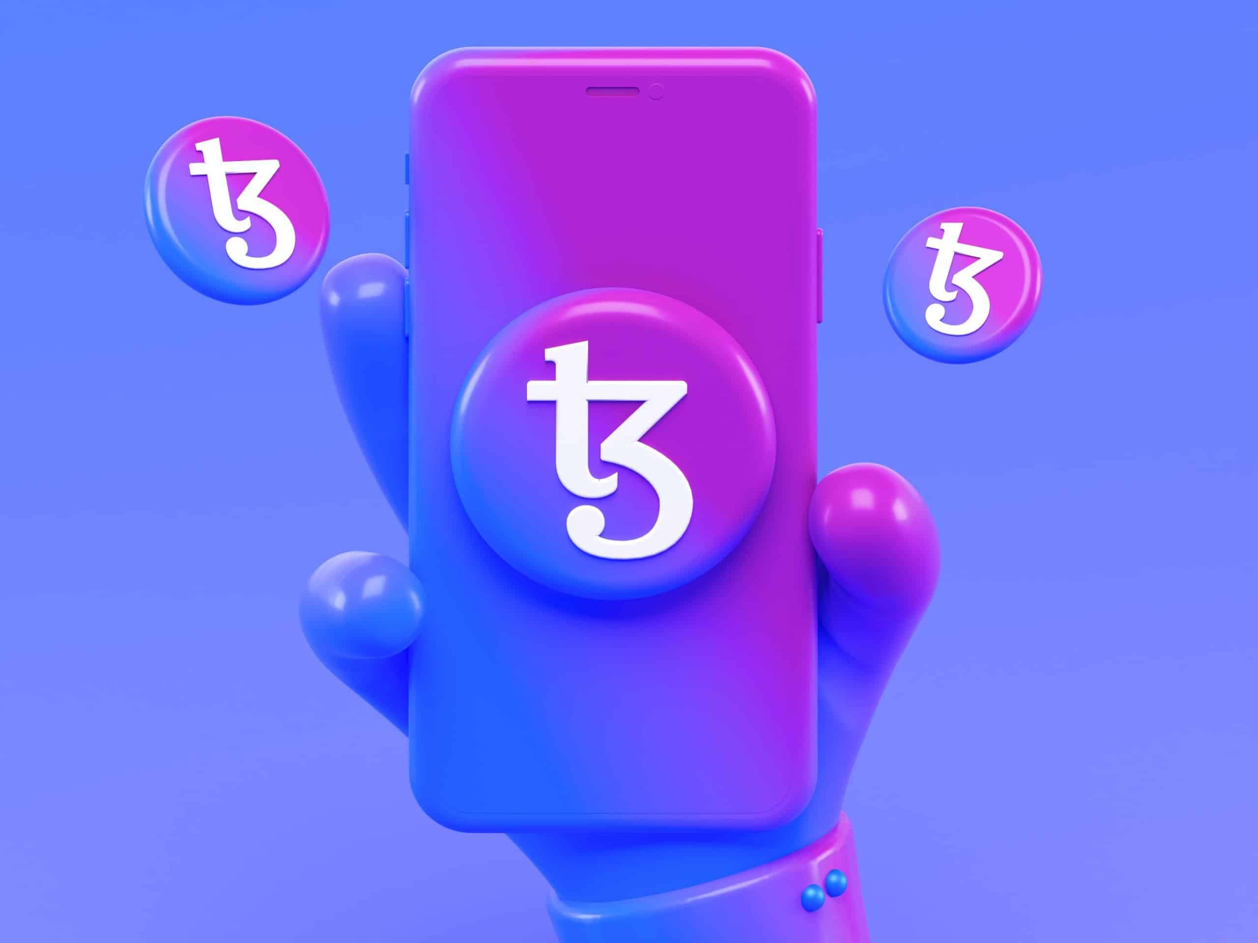 An illustration of a hand holding a phone with Tezos token