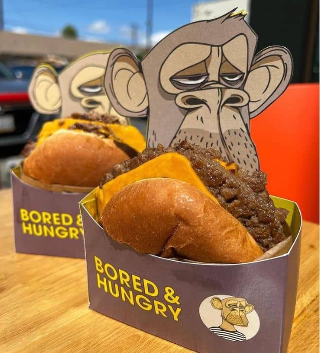 image of two Bored Ape-themed burgers at the Bored & Hungry NFT restaurant