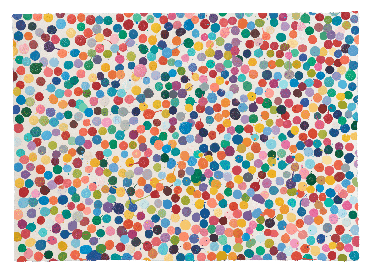 colorful dots on a plain background, part of Damien Hirt's currency NFTs that are keeping their value in the NFT bear market