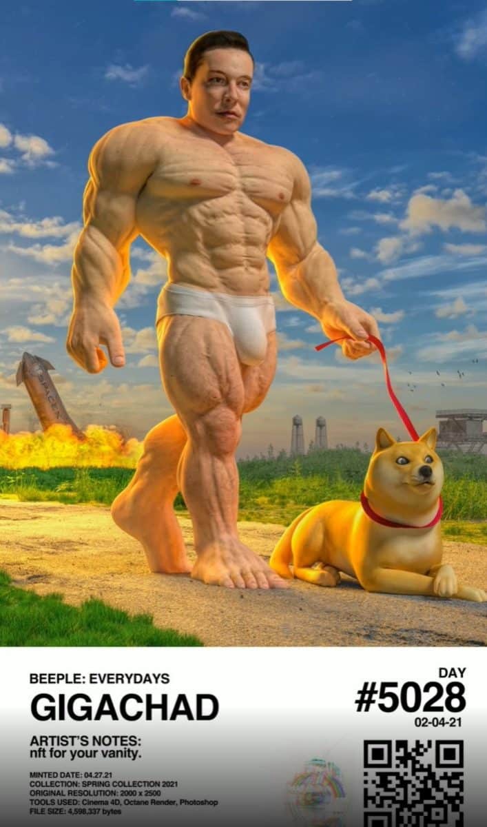 Gigachad by Beeple featuring a muscular Elon Musk one of Beeple's NFTs keeping their value in the bear market